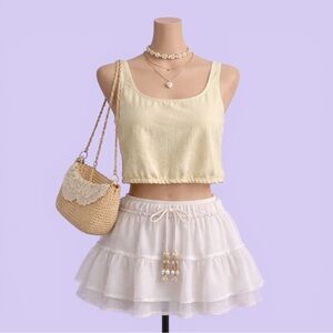 Japna Beige Boho Cropped Tank Top Button Back Rayon Flax Blend Size M Summer